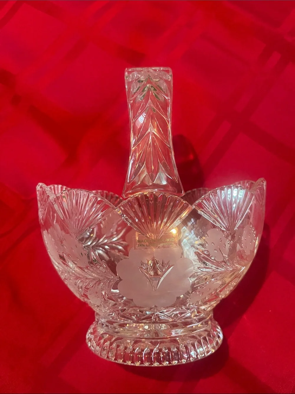 Cut Decorative Basket 24% Lead Crystal Serving Bowl with Handle.  Made in Poland